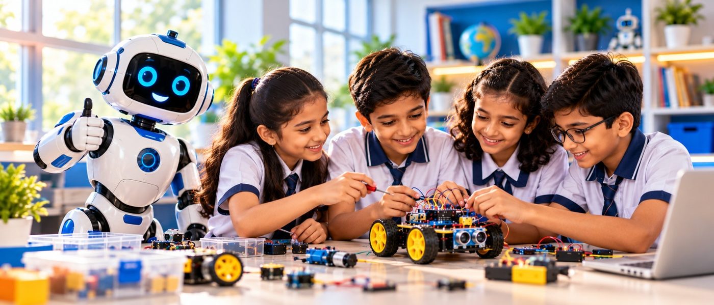 Students working together on a robot in class