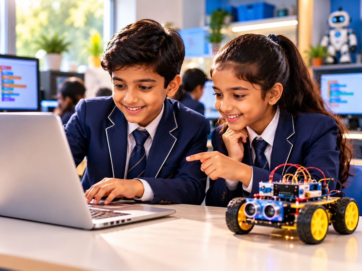 Children programming robots on laptops