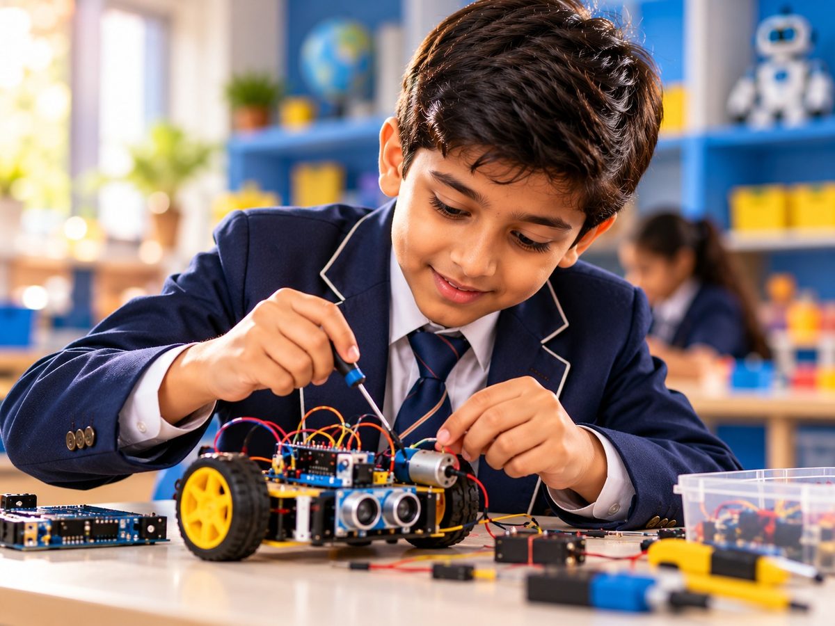 A student wiring a robot car